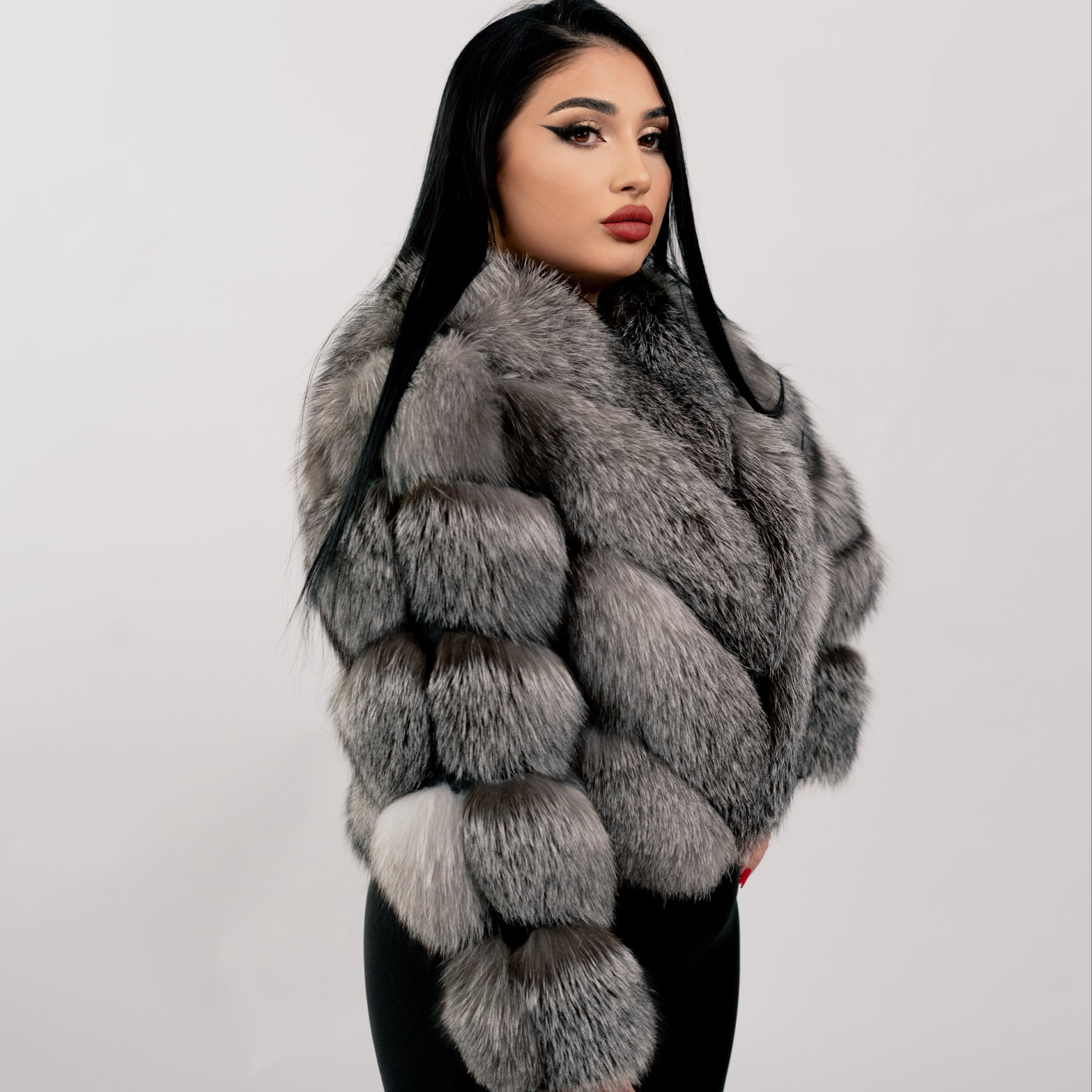 Haina din blana naturala de Vulpe Polara Argintie, Model 2 in 1