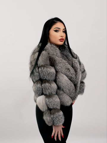 Haina din blana naturala de Vulpe Polara Argintie, Model 2 in 1