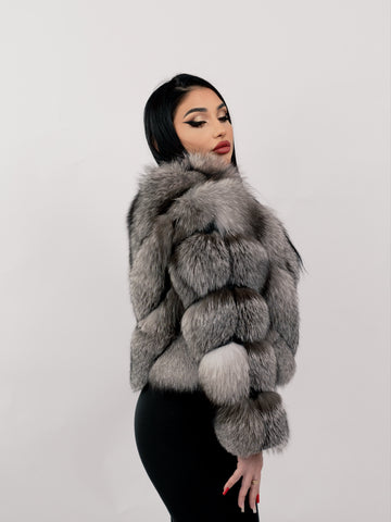 Haina din blana naturala de Vulpe Polara Argintie, Model 2 in 1